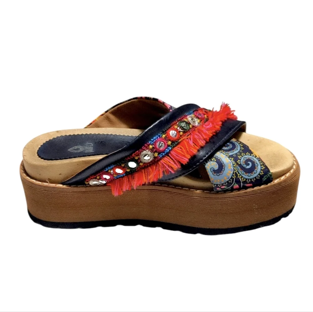 Puro Colorful Leather Fringe Boho Platform Slip On Slide Sandals Womens Size 7
